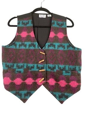 Vtg Urban Oasis Vibrant Southwest Aztec Wool Blend Rodeo Toggle Button Vest - M